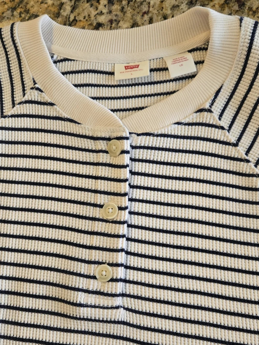 Levi's White Navy Stripe Thermal Henley Shirt Large Waffle Knit Coastal Preppy